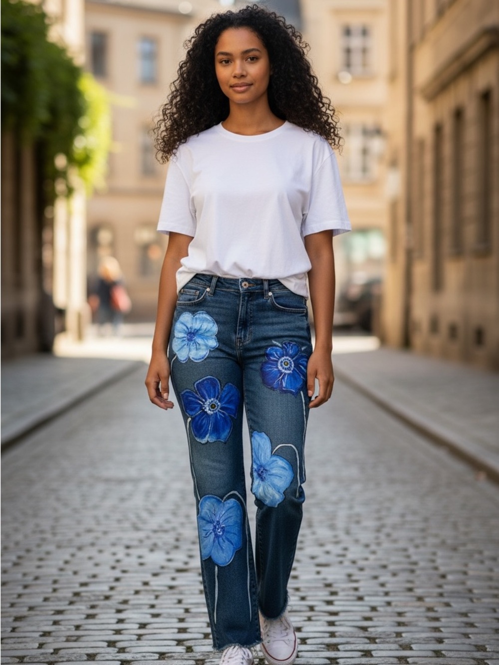 7 For All Mankind Dark Blue Jeans hand painted flowers